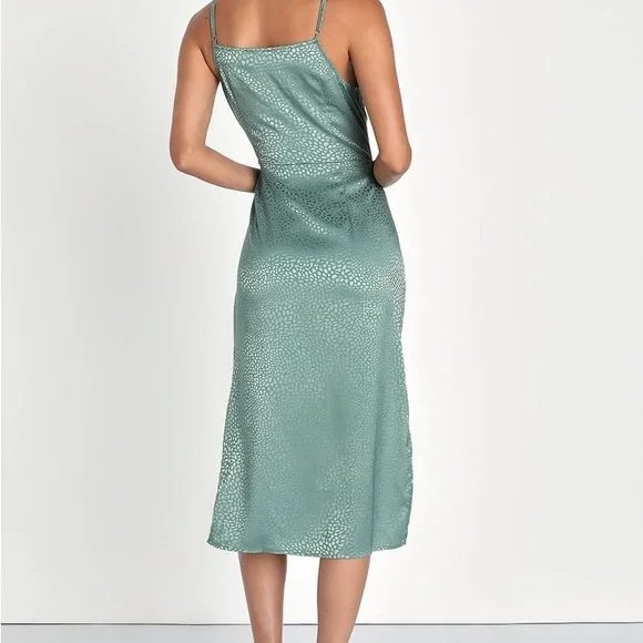 Lulu’s Sage Green Satin Jacquard Cowl Neck Midi Dress. - Picture 2 of 7